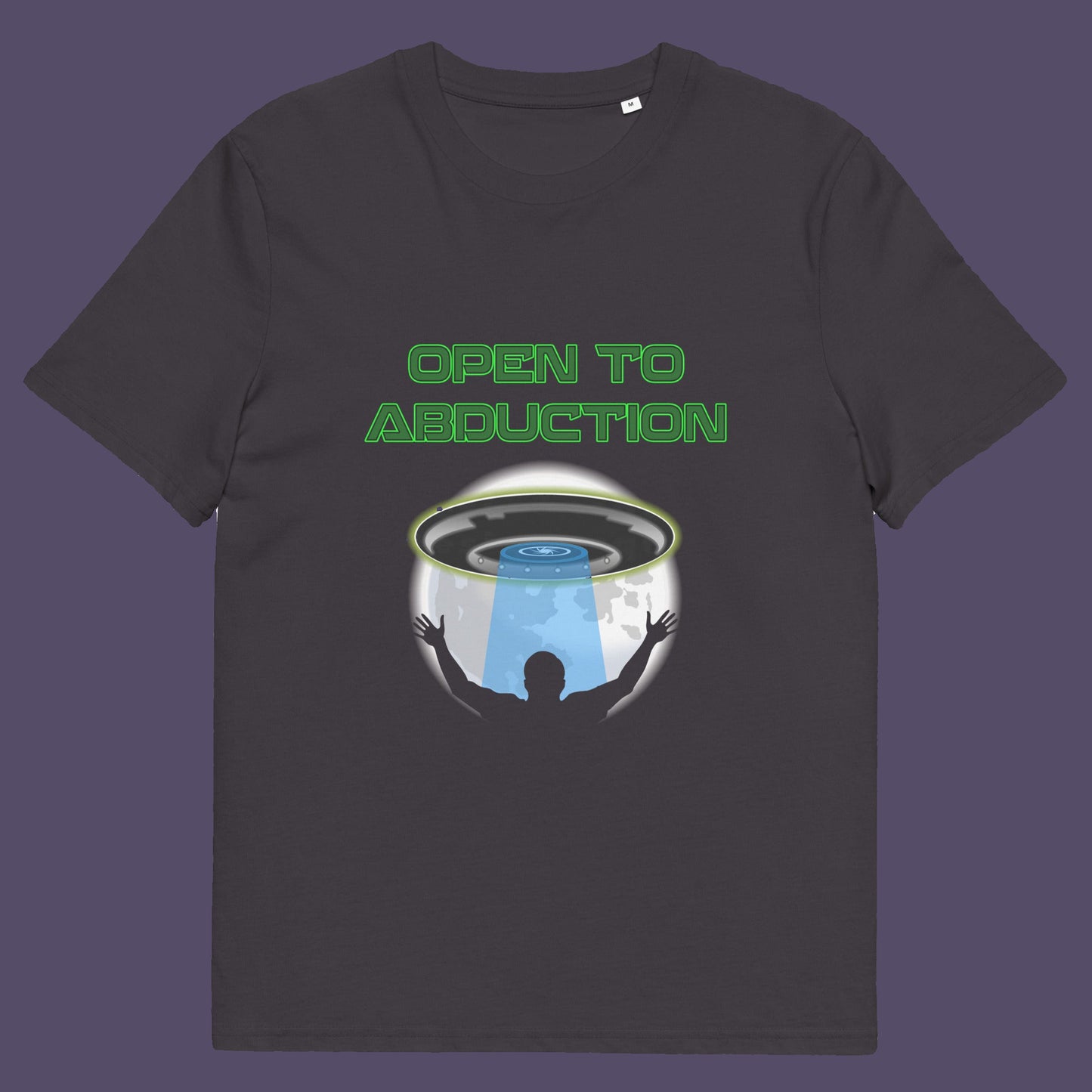 anthracite t-shirt. A funny alien abduction t-shirt design for those who feel a distance forming between them and the rest of the human race, and are not too impressed with our lack of effort to save the planet. This unique alien t-shirt design is for all those who are open to hitching a lift off this rock. This design depicts a man open to abduction. Made from 100% organic ring-spun cotton, this witty alien abduction t-shirt is unisex, high-quality, super comfy, and best of all, eco-friendly.