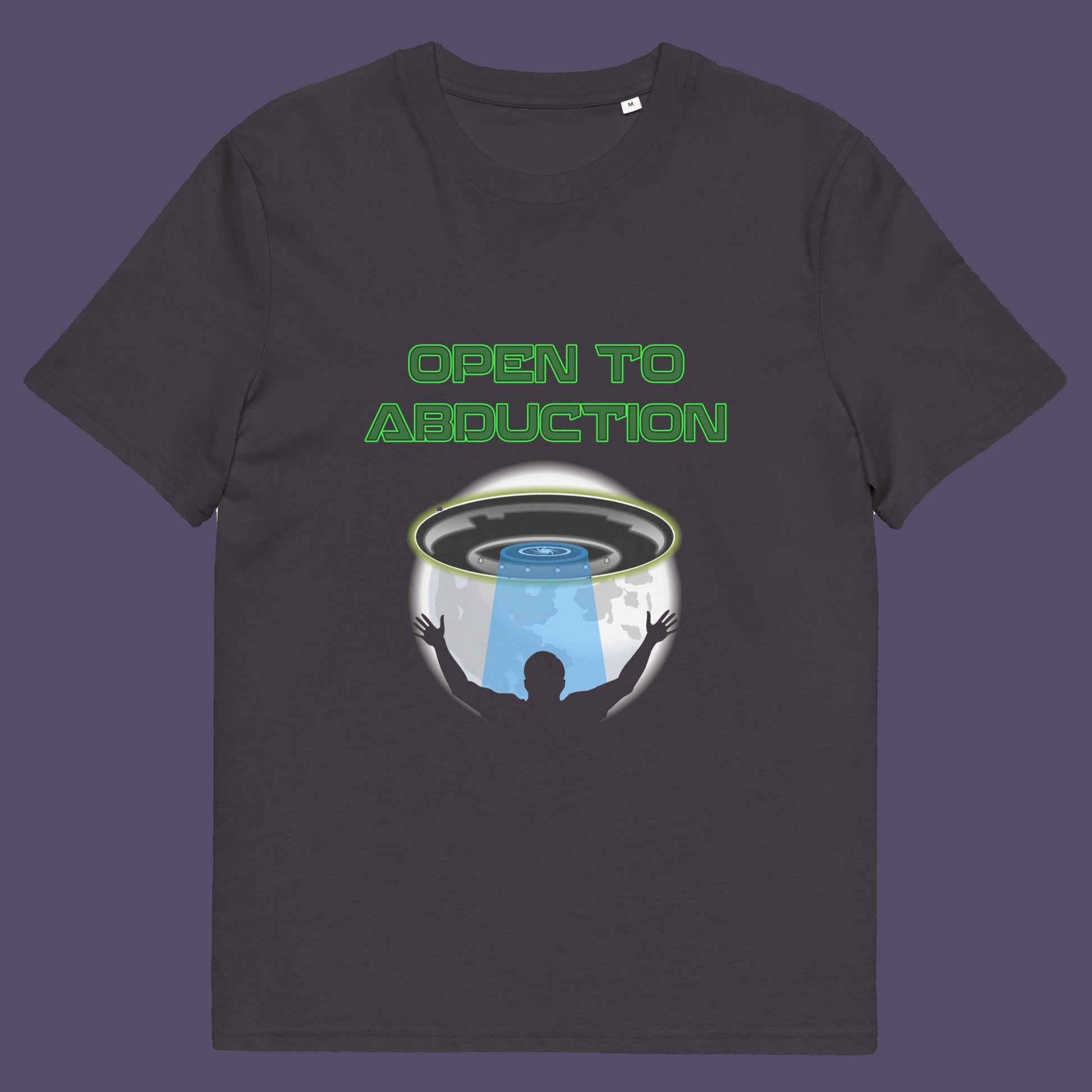anthracite t-shirt. A funny alien abduction t-shirt design for those who feel a distance forming between them and the rest of the human race, and are not too impressed with our lack of effort to save the planet. This unique alien t-shirt design is for all those who are open to hitching a lift off this rock. This design depicts a man open to abduction. Made from 100% organic ring-spun cotton, this witty alien abduction t-shirt is unisex, high-quality, super comfy, and best of all, eco-friendly.