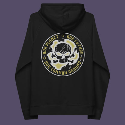 Black hoodie back. A save the Earth hoodie in a grey design, for nature lovers who have environmental concern. Planet welfare should be something we can all agree on. Comfortable and practical. It's extra soft and has a convenient front pouch pocket. Made from organic cotton and recycled polyester, this save the world hoodie is a great eco-friendly choice.