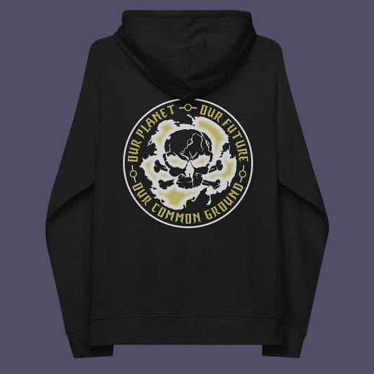 Black hoodie back. A save the Earth hoodie in a grey design, for nature lovers who have environmental concern. Planet welfare should be something we can all agree on. Comfortable and practical. It's extra soft and has a convenient front pouch pocket. Made from organic cotton and recycled polyester, this save the world hoodie is a great eco-friendly choice.