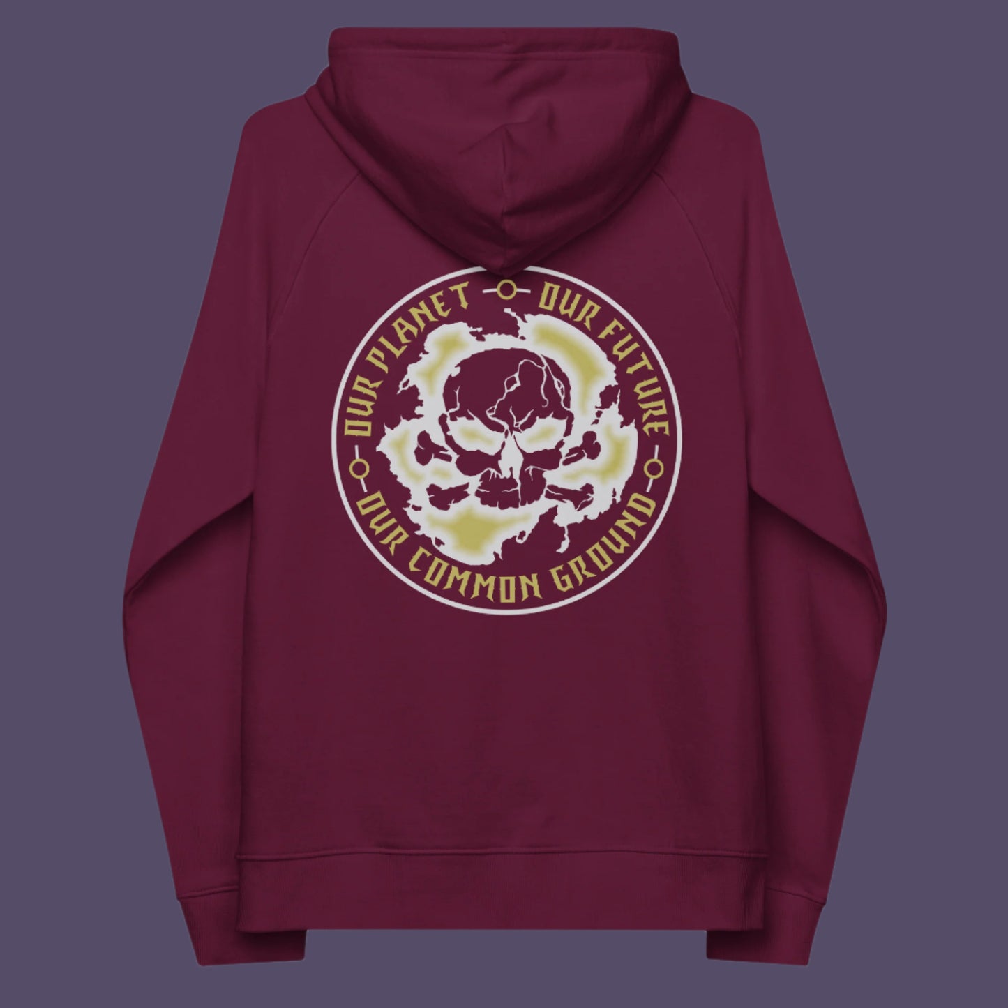 Burgundy hoodie back. A save the Earth hoodie in a grey design, for nature lovers who have environmental concern. Planet welfare should be something we can all agree on. Comfortable and practical. It's extra soft and has a convenient front pouch pocket. Made from organic cotton and recycled polyester, this save the world hoodie is a great eco-friendly choice.