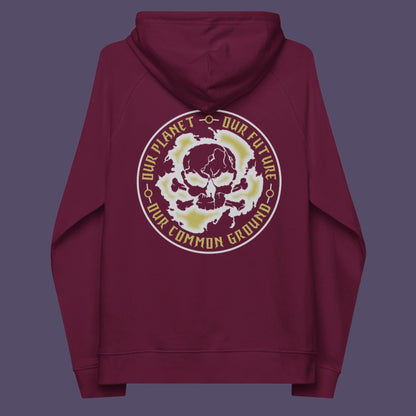 Burgundy hoodie back. A save the Earth hoodie in a grey design, for nature lovers who have environmental concern. Planet welfare should be something we can all agree on. Comfortable and practical. It's extra soft and has a convenient front pouch pocket. Made from organic cotton and recycled polyester, this save the world hoodie is a great eco-friendly choice.