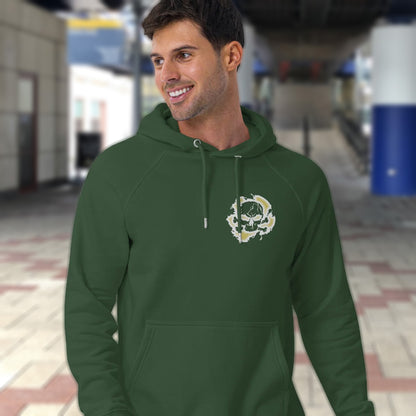Man wearing a bottle green hoodie with a logo in an urban setting. A save the Earth hoodie in a grey design, for nature lovers who have environmental concern. Planet welfare should be something we can all agree on. Comfortable and practical. It's extra soft and has a convenient front pouch pocket. Made from organic cotton and recycled polyester, this save the world hoodie is a great eco-friendly choice.