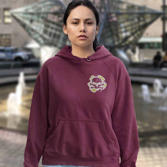 Person wearing a burgundy hoodie with a logo in an outdoor setting. A save the Earth hoodie in a grey design, for nature lovers who have environmental concern. Planet welfare should be something we can all agree on. Comfortable and practical. It's extra soft and has a convenient front pouch pocket. Made from organic cotton and recycled polyester, this save the world hoodie is a great eco-friendly choice.