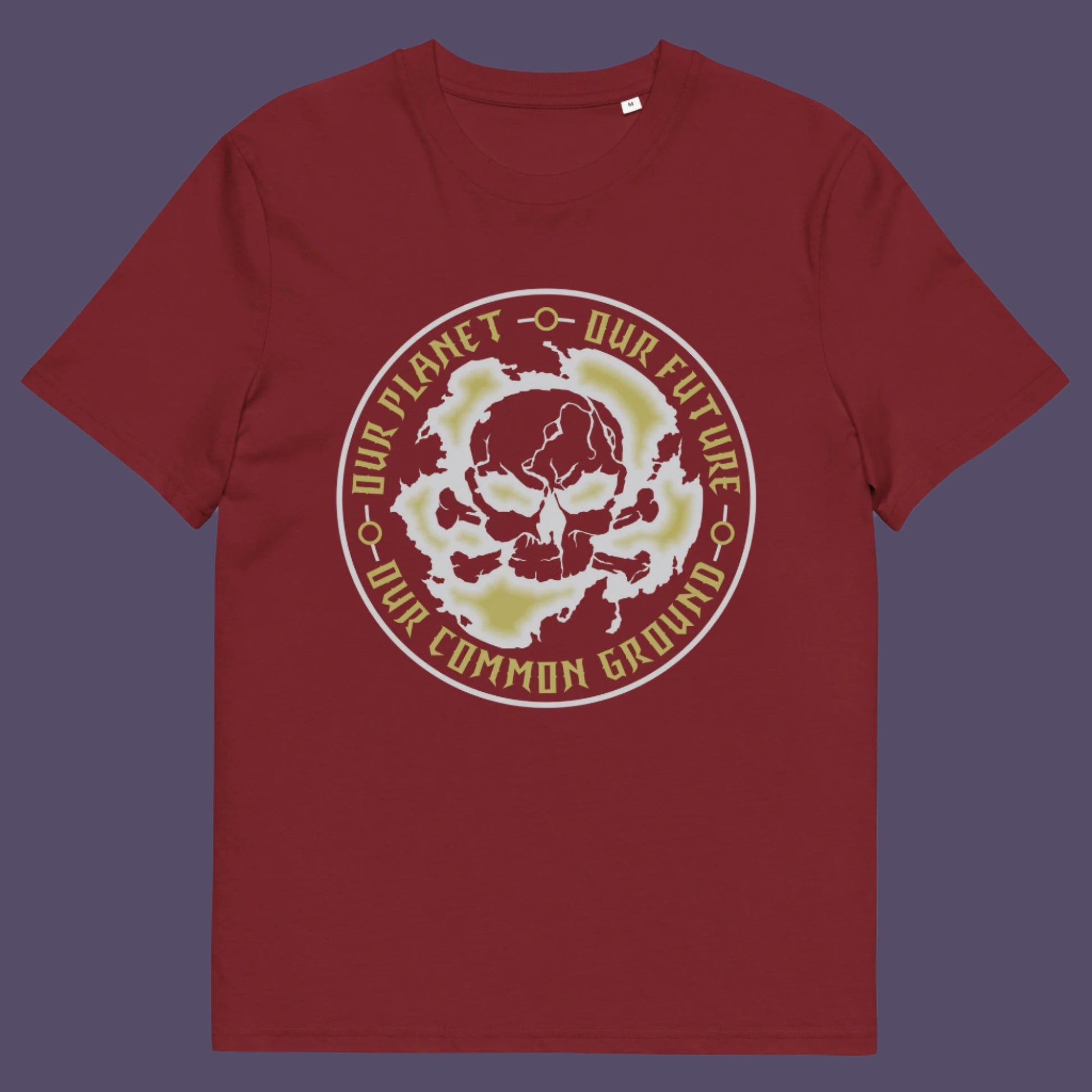 Burgundy t-shirt. A save the planet t shirt for nature lovers who have environmental concern. Planet welfare should be something we can all agree on. Made from 100% organic ring-spun cotton, this save the Earth t shirt is unisex, high-quality, super comfy, and best of all, eco-friendly. Grey design.