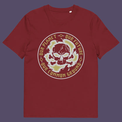 Burgundy t-shirt. A save the planet t shirt for nature lovers who have environmental concern. Planet welfare should be something we can all agree on. Made from 100% organic ring-spun cotton, this save the Earth t shirt is unisex, high-quality, super comfy, and best of all, eco-friendly. Grey design.