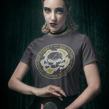 Person wearing an anthracite t-shirt with a graphic design on a dark background. A save the planet t shirt for nature lovers who have environmental concern. Planet welfare should be something we can all agree on. Made from 100% organic ring-spun cotton, this save the Earth t shirt is unisex, high-quality, super comfy, and best of all, eco-friendly. Grey design.