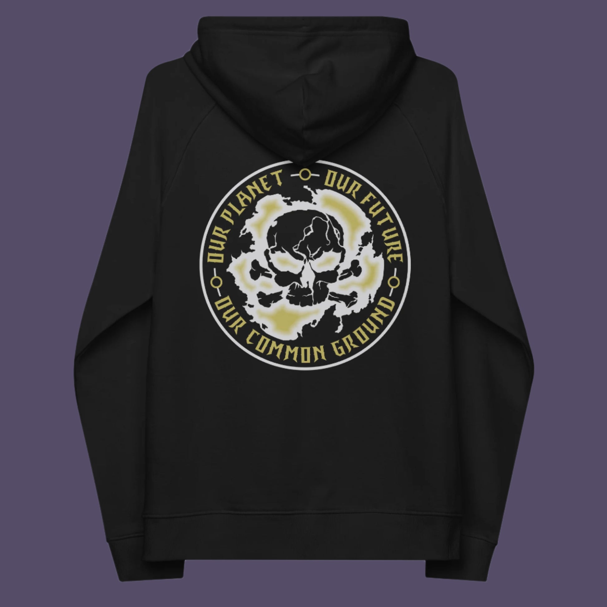 Black hoodie back. An environmental concern hoodie for nature lovers who want to save the planet. Planet welfare should be something we can all agree on. Comfortable and practical. It's extra soft and has a convenient front pouch pocket. Made from organic cotton and recycled polyester, this environmental awareness hoodie is a great eco-friendly choice.