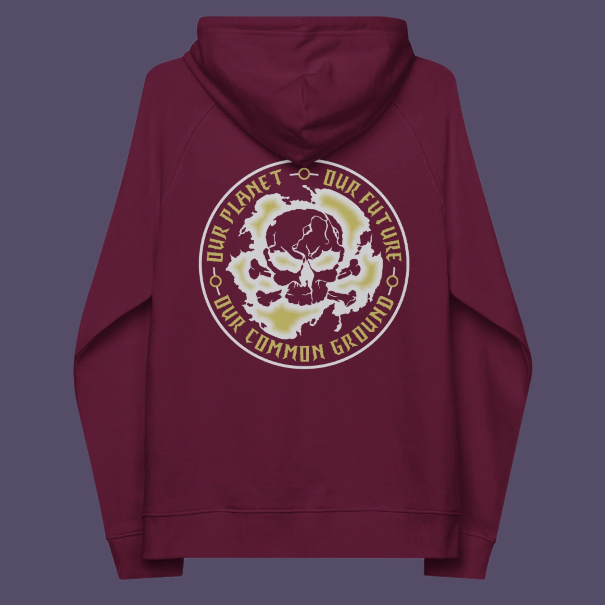 Burgundy hoodie back. An environmental concern hoodie for nature lovers who want to save the planet. Planet welfare should be something we can all agree on. Comfortable and practical. It's extra soft and has a convenient front pouch pocket. Made from organic cotton and recycled polyester, this environmental awareness hoodie is a great eco-friendly choice.