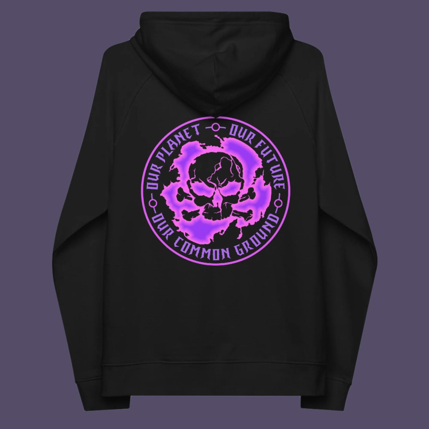 Black hoodie back. An environmental concern hoodie in a pink design, for nature lovers who want to save the planet. Planet welfare should be something we can all agree on. Comfortable and practical. It's extra soft and has a convenient front pouch pocket. Made from organic cotton and recycled polyester, this environmental awareness hoodie is a great eco-friendly choice.