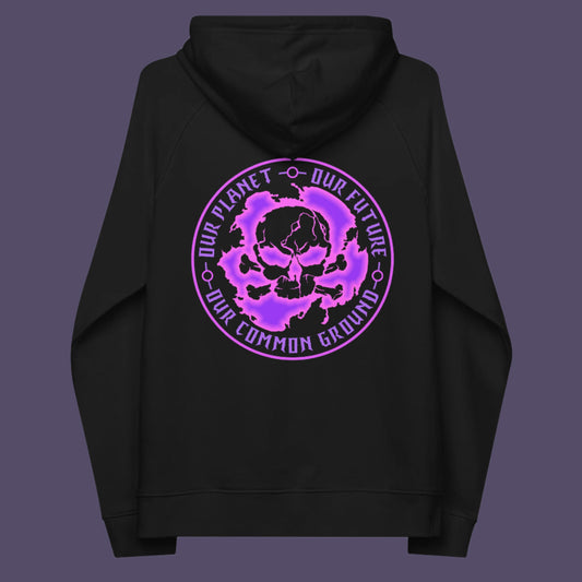 Black hoodie back. An environmental concern hoodie in a pink design, for nature lovers who want to save the planet. Planet welfare should be something we can all agree on. Comfortable and practical. It's extra soft and has a convenient front pouch pocket. Made from organic cotton and recycled polyester, this environmental awareness hoodie is a great eco-friendly choice.