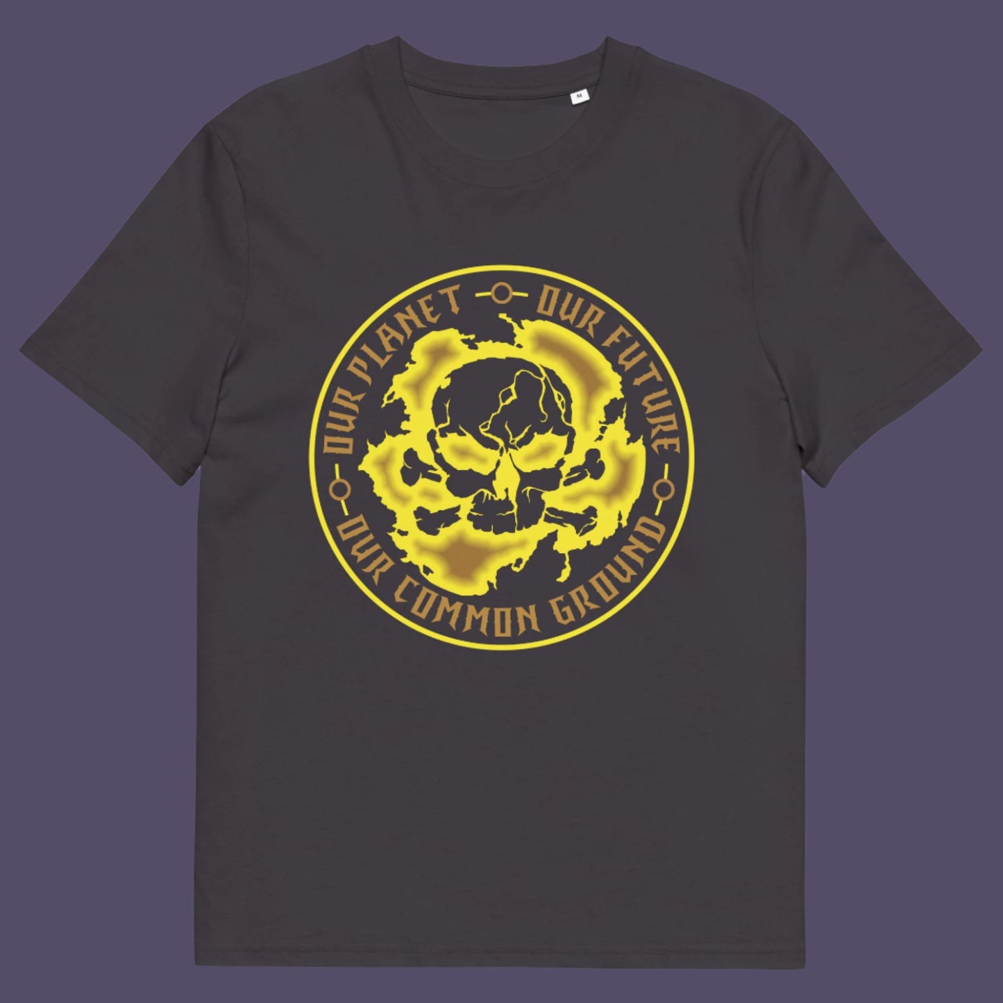 Anthracite t-shirt. An environmental concern t-shirt for nature lovers who want to save the planet. Planet welfare should be something we can all agree on. Made from 100% organic ring-spun cotton, this climate concern t-shirt is unisex, high-quality, super comfy, and best of all, eco-friendly. yellow design.