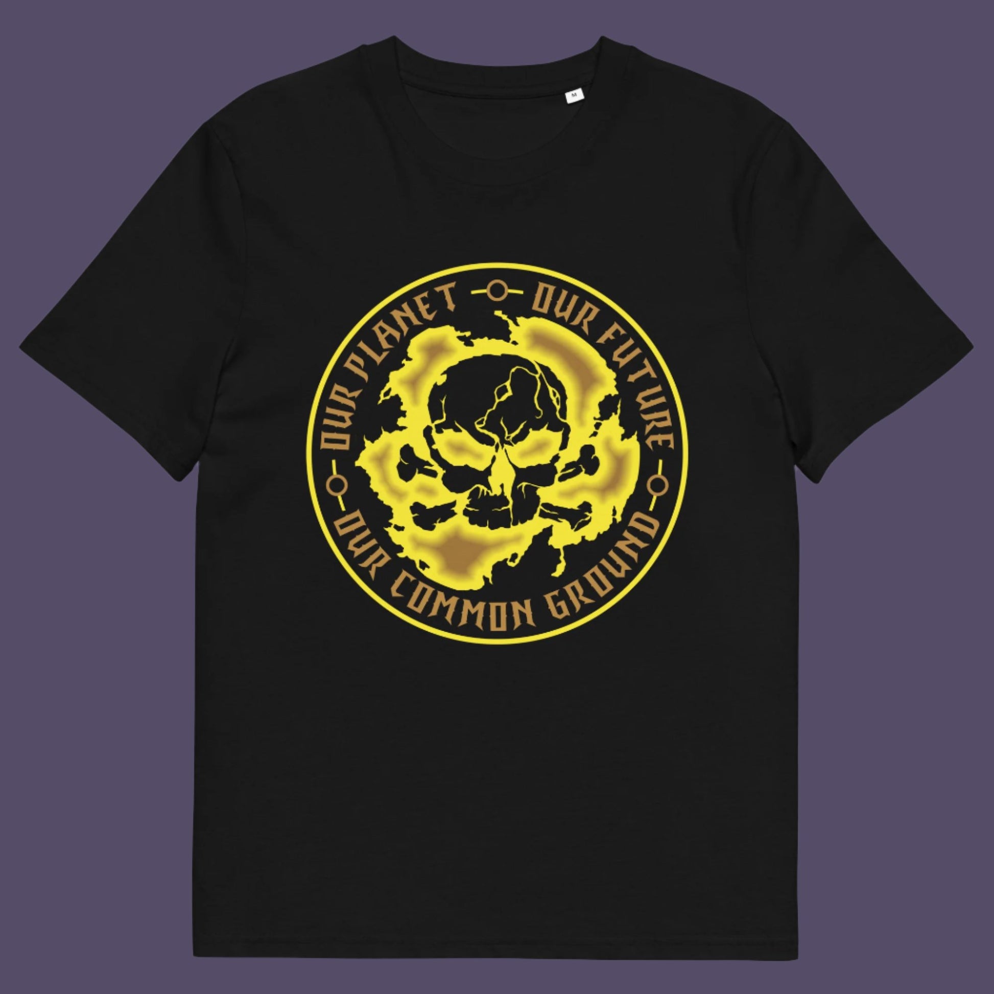 Black t-shirt. An environmental concern t-shirt for nature lovers who want to save the planet. Planet welfare should be something we can all agree on. Made from 100% organic ring-spun cotton, this climate concern t-shirt is unisex, high-quality, super comfy, and best of all, eco-friendly. yellow design.