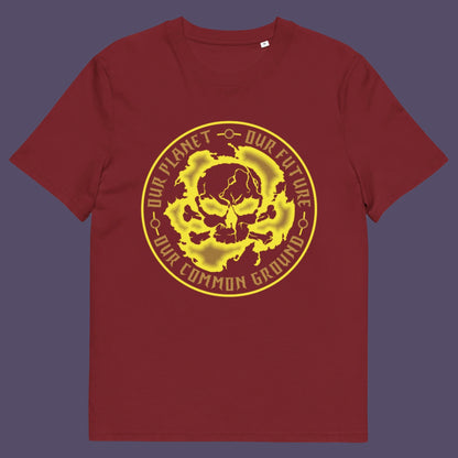 Burgundy t-shirt. An environmental concern t-shirt for nature lovers who want to save the planet. Planet welfare should be something we can all agree on. Made from 100% organic ring-spun cotton, this climate concern t-shirt is unisex, high-quality, super comfy, and best of all, eco-friendly. yellow design.
