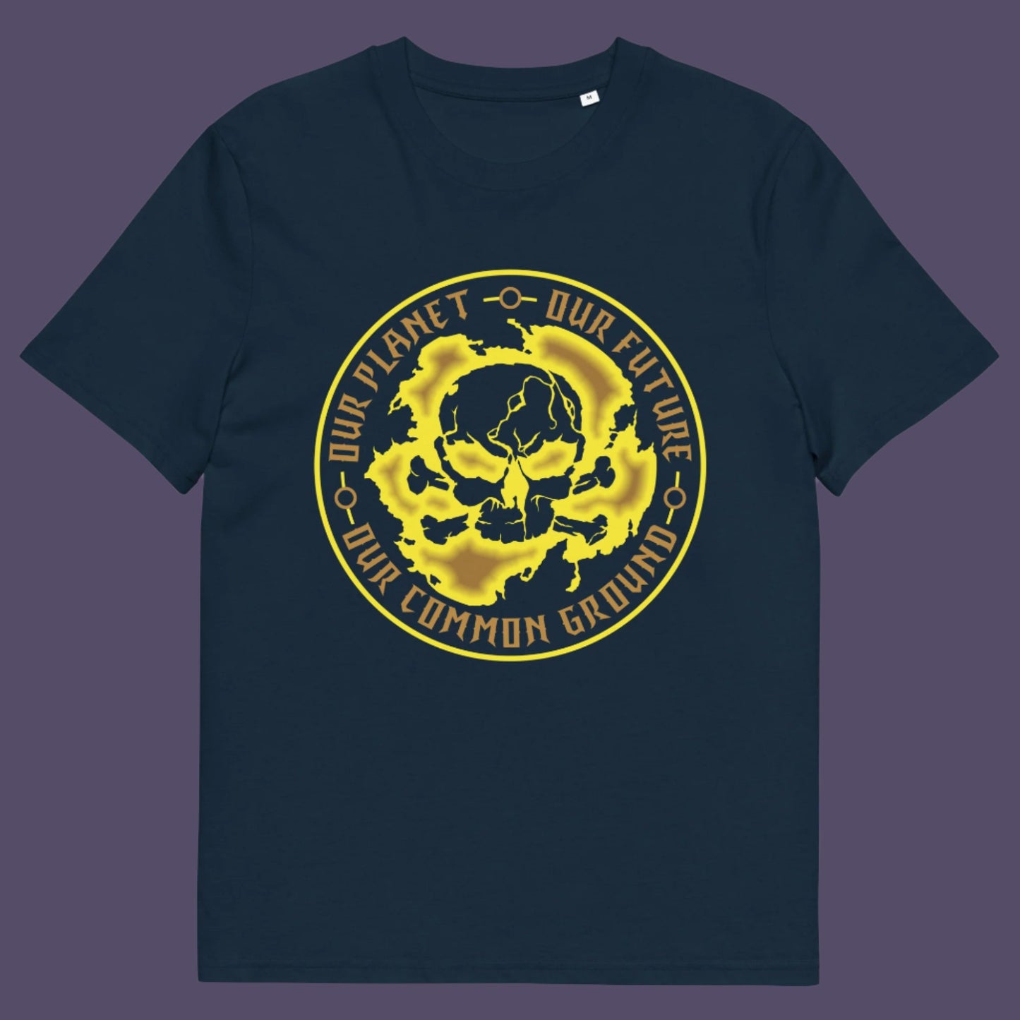 French navy t-shirt. An environmental concern t-shirt for nature lovers who want to save the planet. Planet welfare should be something we can all agree on. Made from 100% organic ring-spun cotton, this climate concern t-shirt is unisex, high-quality, super comfy, and best of all, eco-friendly. yellow design.