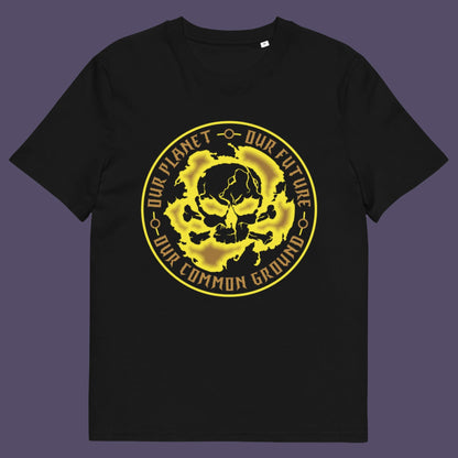 Black t-shirt. A save the planet t shirt for nature lovers who have environmental concern. Planet welfare should be something we can all agree on. Made from 100% organic ring-spun cotton, this save the Earth t shirt is unisex, high-quality, super comfy, and best of all, eco-friendly. Yellow design.