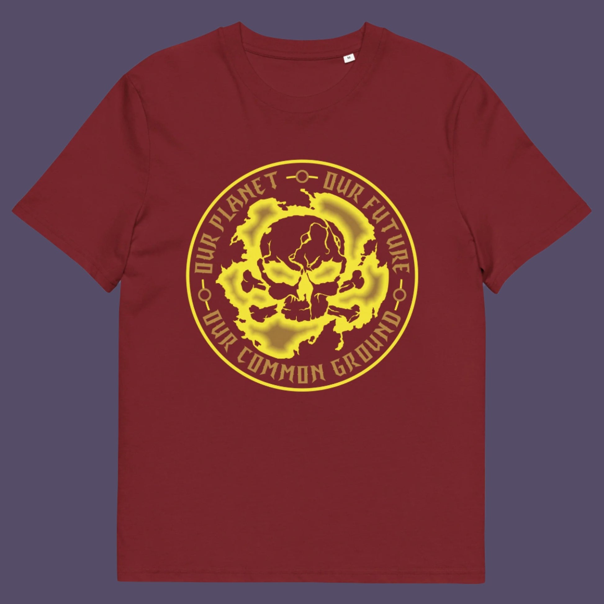 Burgundy t-shirt. A save the planet t shirt for nature lovers who have environmental concern. Planet welfare should be something we can all agree on. Made from 100% organic ring-spun cotton, this save the Earth t shirt is unisex, high-quality, super comfy, and best of all, eco-friendly. Yellow design.
