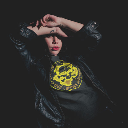 Person wearing a black leather jacket with a yellow graphic design on a dark background. A save the planet t shirt for nature lovers who have environmental concern. Planet welfare should be something we can all agree on. Made from 100% organic ring-spun cotton, this save the Earth t shirt is unisex, high-quality, super comfy, and best of all, eco-friendly. Yellow design.