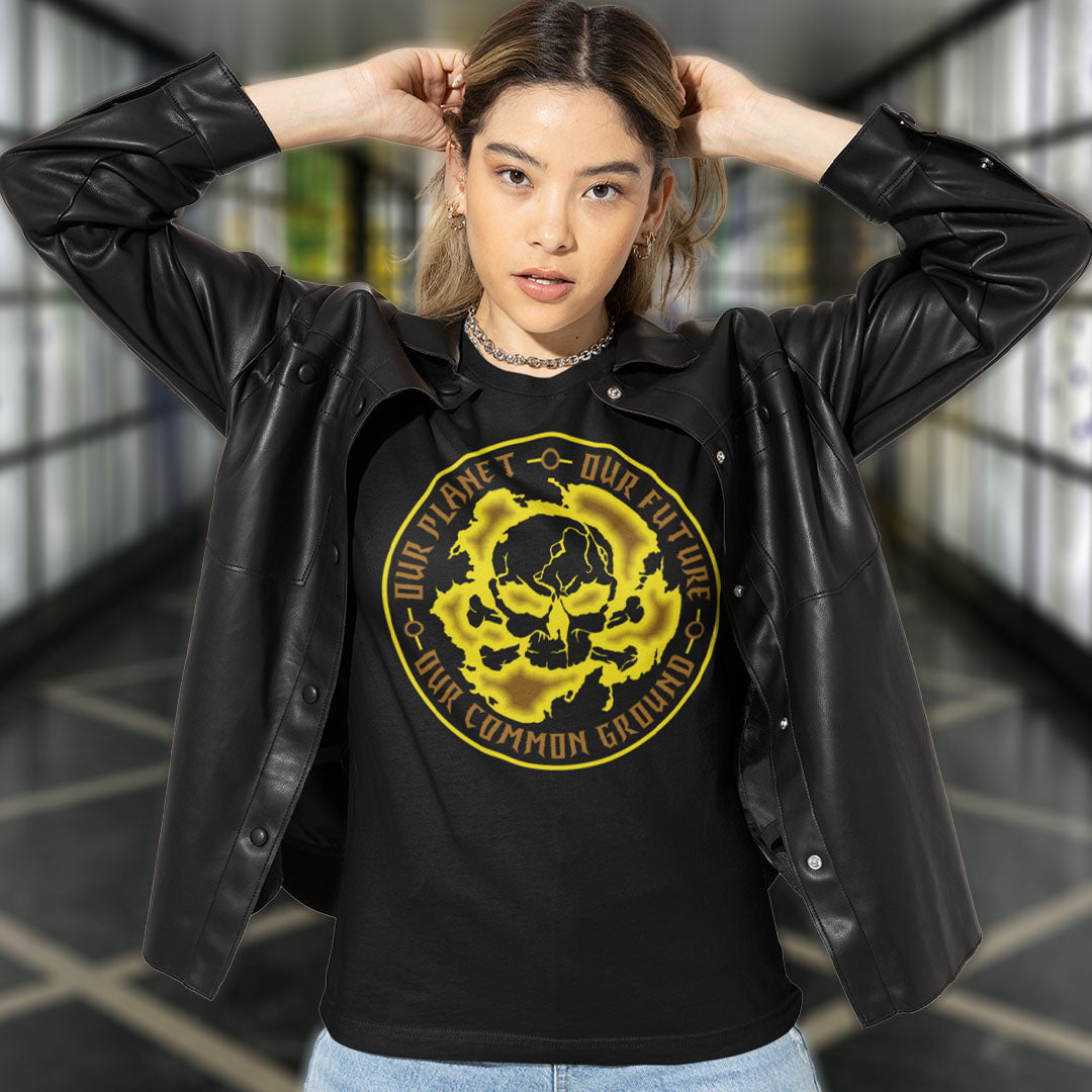 Person wearing a black leather jacket with a yellow graphic design on a dark background. A save the planet t shirt for nature lovers who have environmental concern. Planet welfare should be something we can all agree on. Made from 100% organic ring-spun cotton, this save the Earth t shirt is unisex, high-quality, super comfy, and best of all, eco-friendly. Yellow design.