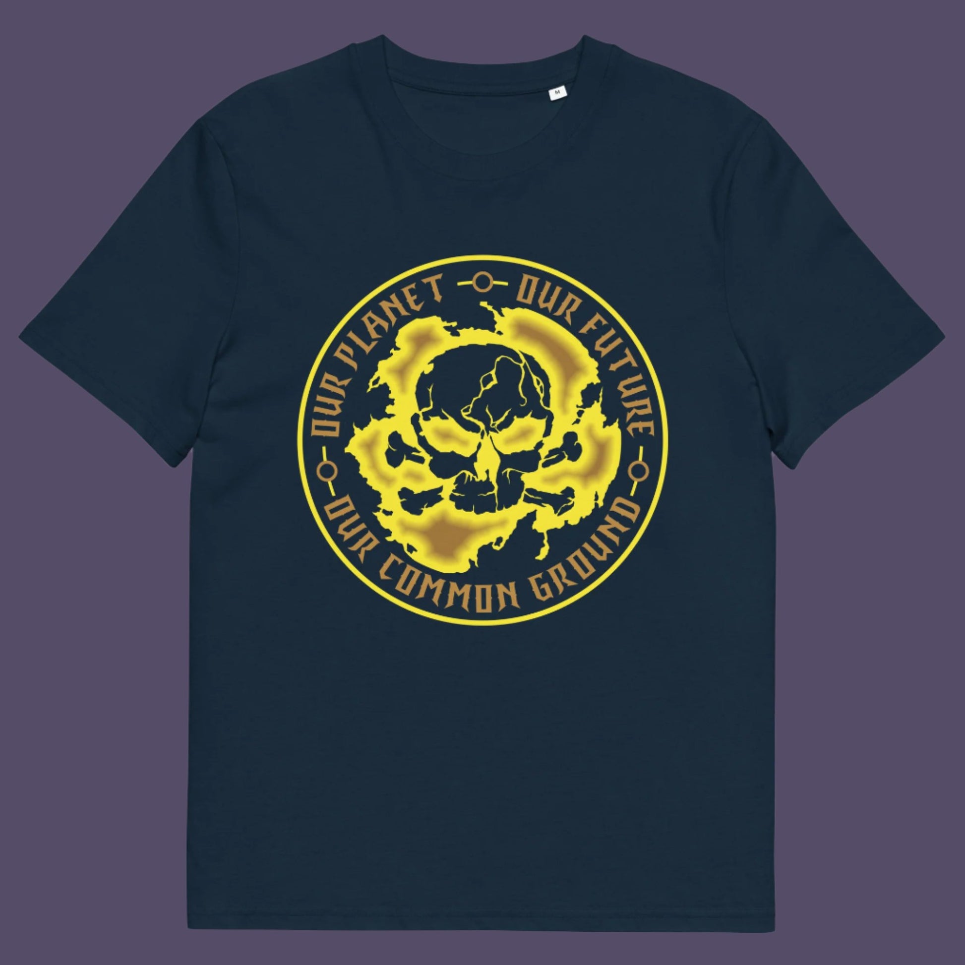 French navy t-shirt. A save the planet t shirt for nature lovers who have environmental concern. Planet welfare should be something we can all agree on. Made from 100% organic ring-spun cotton, this save the Earth t shirt is unisex, high-quality, super comfy, and best of all, eco-friendly. Yellow design.