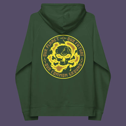 Bottle green hoodie back. An environmental concern hoodie in a yellow design, for nature lovers who want to save the planet. Planet welfare should be something we can all agree on. Comfortable and practical. It's extra soft and has a convenient front pouch pocket. Made from organic cotton and recycled polyester, this environmental awareness hoodie is a great eco-friendly choice.