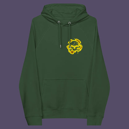 Bottle green hoodie front. An environmental concern hoodie in a yellow design, for nature lovers who want to save the planet. Planet welfare should be something we can all agree on. Comfortable and practical. It's extra soft and has a convenient front pouch pocket. Made from organic cotton and recycled polyester, this environmental awareness hoodie is a great eco-friendly choice.