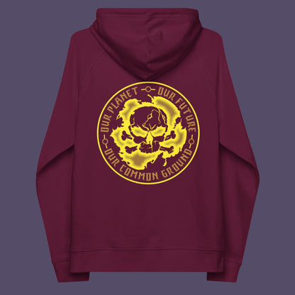 Burgundy hoodie back. An environmental concern hoodie in a yellow design, for nature lovers who want to save the planet. Planet welfare should be something we can all agree on. Comfortable and practical. It's extra soft and has a convenient front pouch pocket. Made from organic cotton and recycled polyester, this environmental awareness hoodie is a great eco-friendly choice.