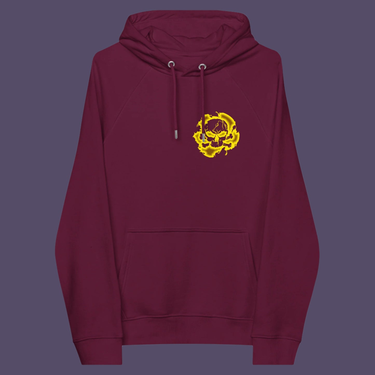 Burgundy hoodie front. An environmental concern hoodie in a yellow design, for nature lovers who want to save the planet. Planet welfare should be something we can all agree on. Comfortable and practical. It's extra soft and has a convenient front pouch pocket. Made from organic cotton and recycled polyester, this environmental awareness hoodie is a great eco-friendly choice.