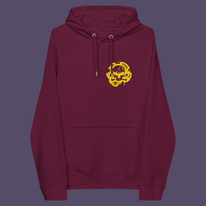 Burgundy hoodie front. An environmental concern hoodie in a yellow design, for nature lovers who want to save the planet. Planet welfare should be something we can all agree on. Comfortable and practical. It's extra soft and has a convenient front pouch pocket. Made from organic cotton and recycled polyester, this environmental awareness hoodie is a great eco-friendly choice.