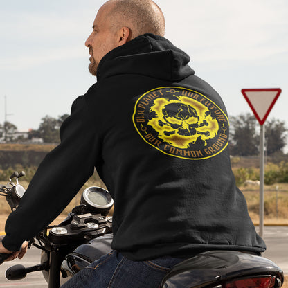 Man on a motorcycle wearing a black hoodie with a yellow graphic design. An environmental concern hoodie in a yellow design, for nature lovers who want to save the planet. Planet welfare should be something we can all agree on. Comfortable and practical. It's extra soft and has a convenient front pouch pocket. Made from organic cotton and recycled polyester, this environmental awareness hoodie is a great eco-friendly choice.