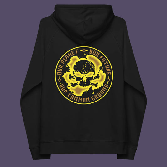 Black hoodie back. A save the Earth hoodie in a yellow design, for nature lovers who have environmental concern. Planet welfare should be something we can all agree on. Comfortable and practical. It's extra soft and has a convenient front pouch pocket. Made from organic cotton and recycled polyester, this save the world hoodie is a great eco-friendly choice.