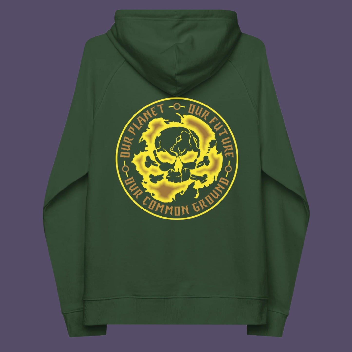 Bottle green hoodie back. A save the Earth hoodie in a yellow design, for nature lovers who have environmental concern. Planet welfare should be something we can all agree on. Comfortable and practical. It's extra soft and has a convenient front pouch pocket. Made from organic cotton and recycled polyester, this save the world hoodie is a great eco-friendly choice.