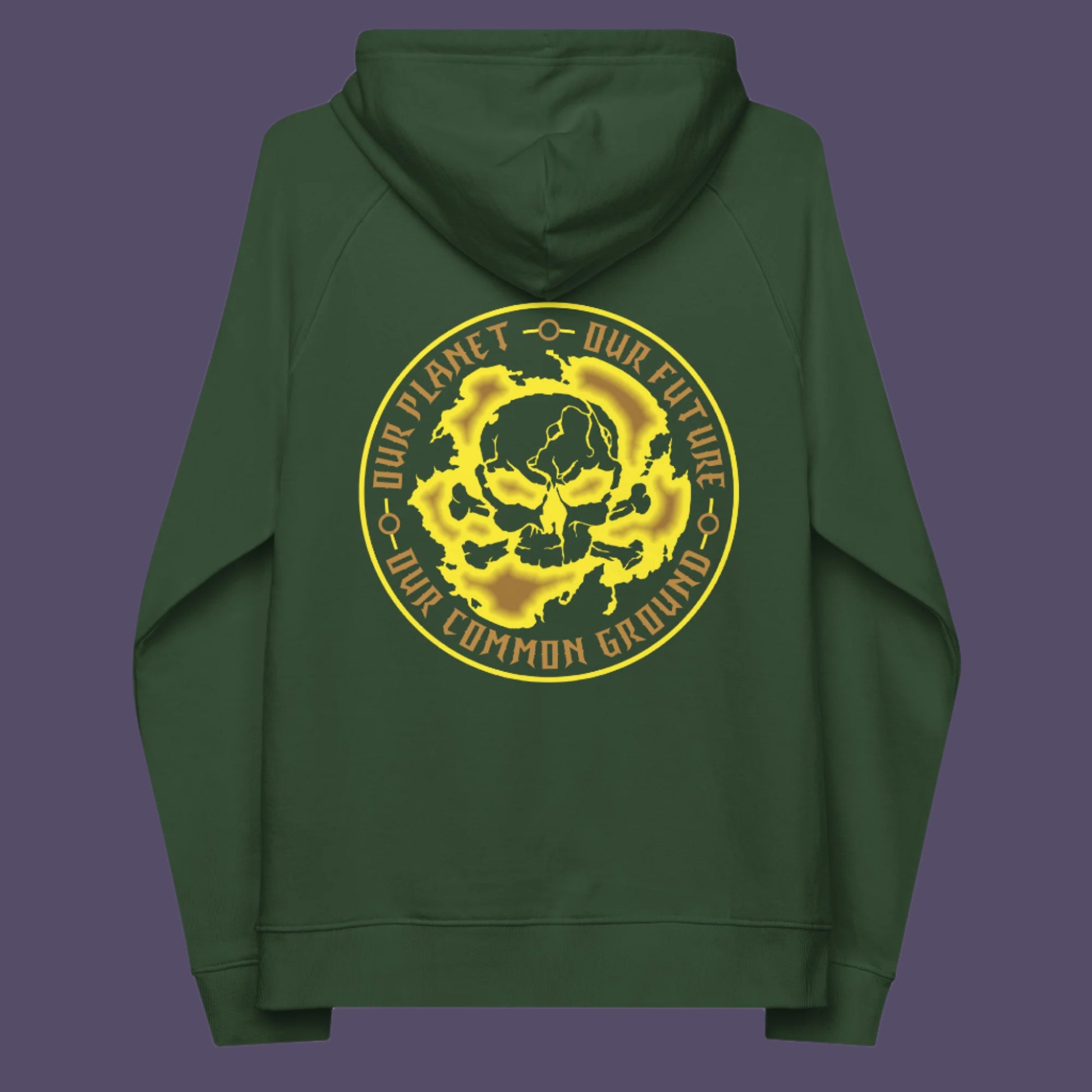 Bottle green hoodie back. A save the Earth hoodie in a yellow design, for nature lovers who have environmental concern. Planet welfare should be something we can all agree on. Comfortable and practical. It's extra soft and has a convenient front pouch pocket. Made from organic cotton and recycled polyester, this save the world hoodie is a great eco-friendly choice.