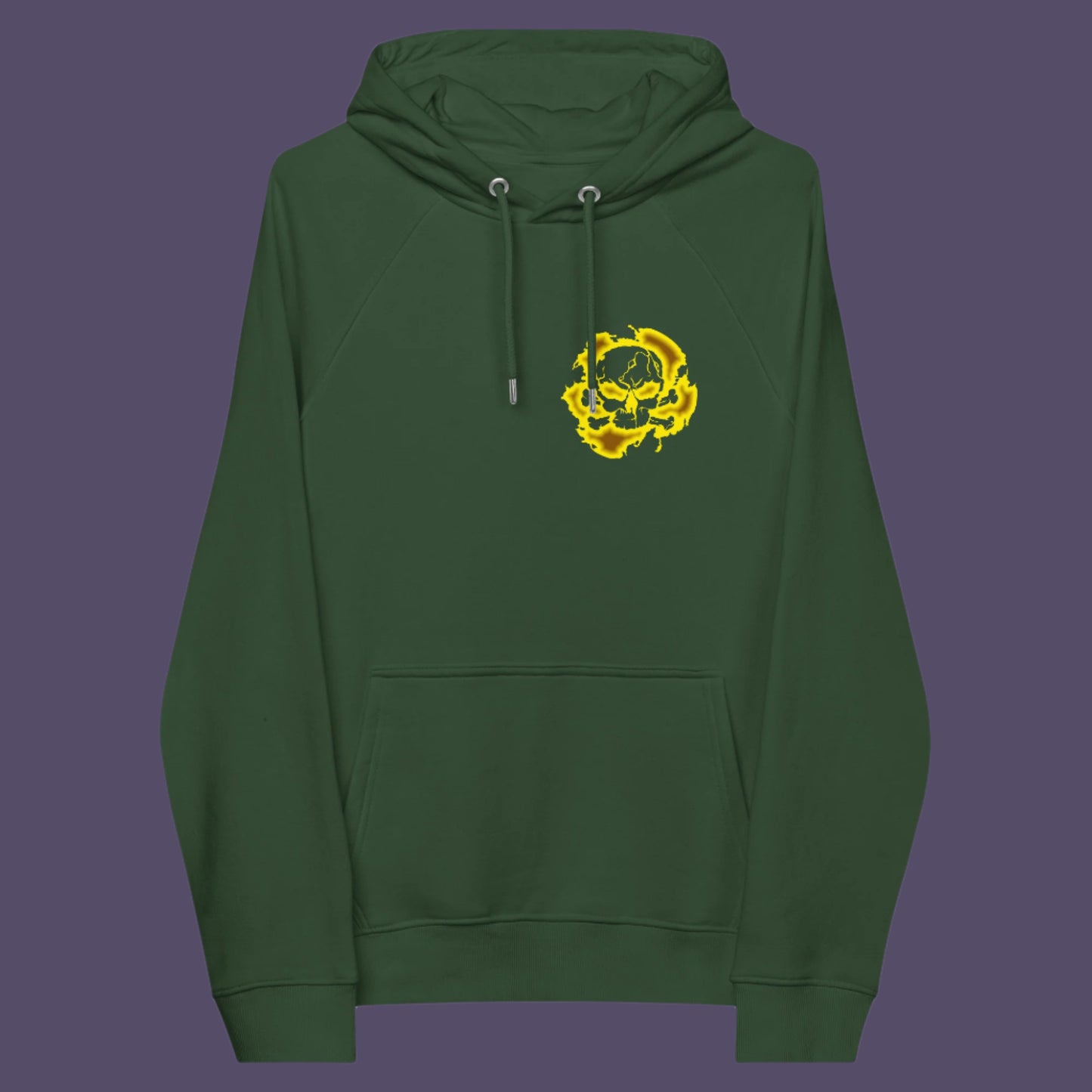 Bottle green hoodie front. A save the Earth hoodie in a yellow design, for nature lovers who have environmental concern. Planet welfare should be something we can all agree on. Comfortable and practical. It's extra soft and has a convenient front pouch pocket. Made from organic cotton and recycled polyester, this save the world hoodie is a great eco-friendly choice.