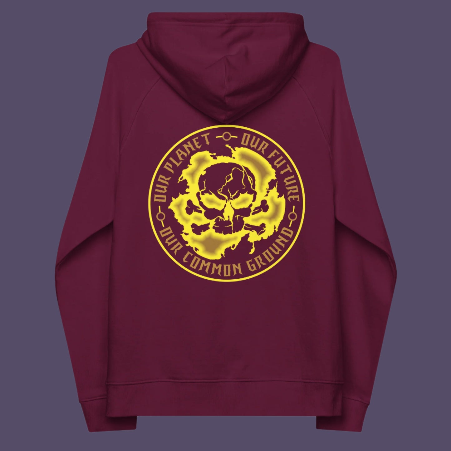 Burgundy hoodie back. A save the Earth hoodie in a yellow design, for nature lovers who have environmental concern. Planet welfare should be something we can all agree on. Comfortable and practical. It's extra soft and has a convenient front pouch pocket. Made from organic cotton and recycled polyester, this save the world hoodie is a great eco-friendly choice.