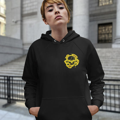 Person wearing a black hoodie with a yellow logo in front of a building. A save the Earth hoodie in a yellow design, for nature lovers who have environmental concern. Planet welfare should be something we can all agree on. Comfortable and practical. It's extra soft and has a convenient front pouch pocket. Made from organic cotton and recycled polyester, this save the world hoodie is a great eco-friendly choice.