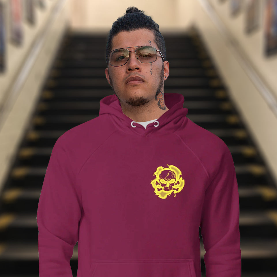 Person wearing a maroon hoodie with a yellow logo in an indoor setting. An environmental concern hoodie in a yellow design, for nature lovers who want to save the planet. Planet welfare should be something we can all agree on. Comfortable and practical. It's extra soft and has a convenient front pouch pocket. Made from organic cotton and recycled polyester, this environmental awareness hoodie is a great eco-friendly choice.