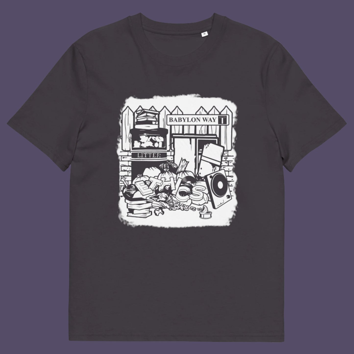 Anthracite t-shirt. A stencil art t-shirt depicting the end of integrity. There doesn't seem to be a place for ethics anymore in this mercenary world of money worship. It's amazing what people throw out these days. This unique street Art design depicts a sign of the times. Made from 100% organic ring-spun cotton, this social awareness t-shirt is unisex, high-quality, super comfy, and best of all, eco-friendly.