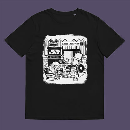 Black t-shirt. A stencil art t-shirt depicting the end of integrity. There doesn't seem to be a place for ethics anymore in this mercenary world of money worship. It's amazing what people throw out these days. This unique street Art design depicts a sign of the times. Made from 100% organic ring-spun cotton, this social awareness t-shirt is unisex, high-quality, super comfy, and best of all, eco-friendly.