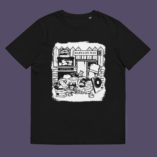 Black t-shirt. A stencil art t-shirt depicting the end of integrity. There doesn't seem to be a place for ethics anymore in this mercenary world of money worship. It's amazing what people throw out these days. This unique street Art design depicts a sign of the times. Made from 100% organic ring-spun cotton, this social awareness t-shirt is unisex, high-quality, super comfy, and best of all, eco-friendly.