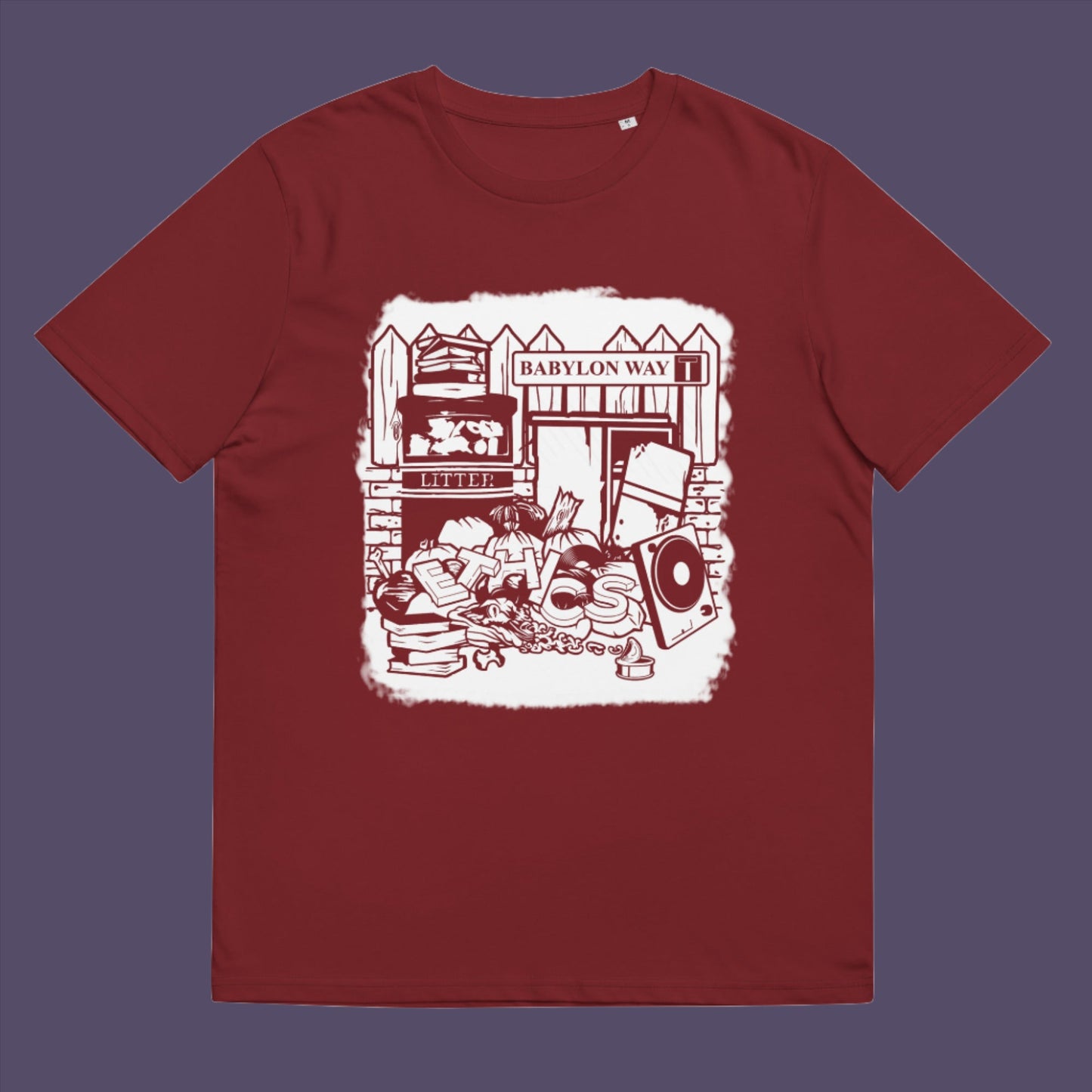 Burgundy t-shirt. A stencil art t-shirt depicting the end of integrity. There doesn't seem to be a place for ethics anymore in this mercenary world of money worship. It's amazing what people throw out these days. This unique street Art design depicts a sign of the times. Made from 100% organic ring-spun cotton, this social awareness t-shirt is unisex, high-quality, super comfy, and best of all, eco-friendly.