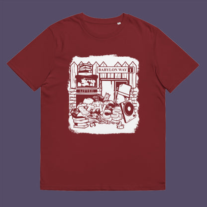 Burgundy t-shirt. A stencil art t-shirt depicting the end of integrity. There doesn't seem to be a place for ethics anymore in this mercenary world of money worship. It's amazing what people throw out these days. This unique street Art design depicts a sign of the times. Made from 100% organic ring-spun cotton, this social awareness t-shirt is unisex, high-quality, super comfy, and best of all, eco-friendly.