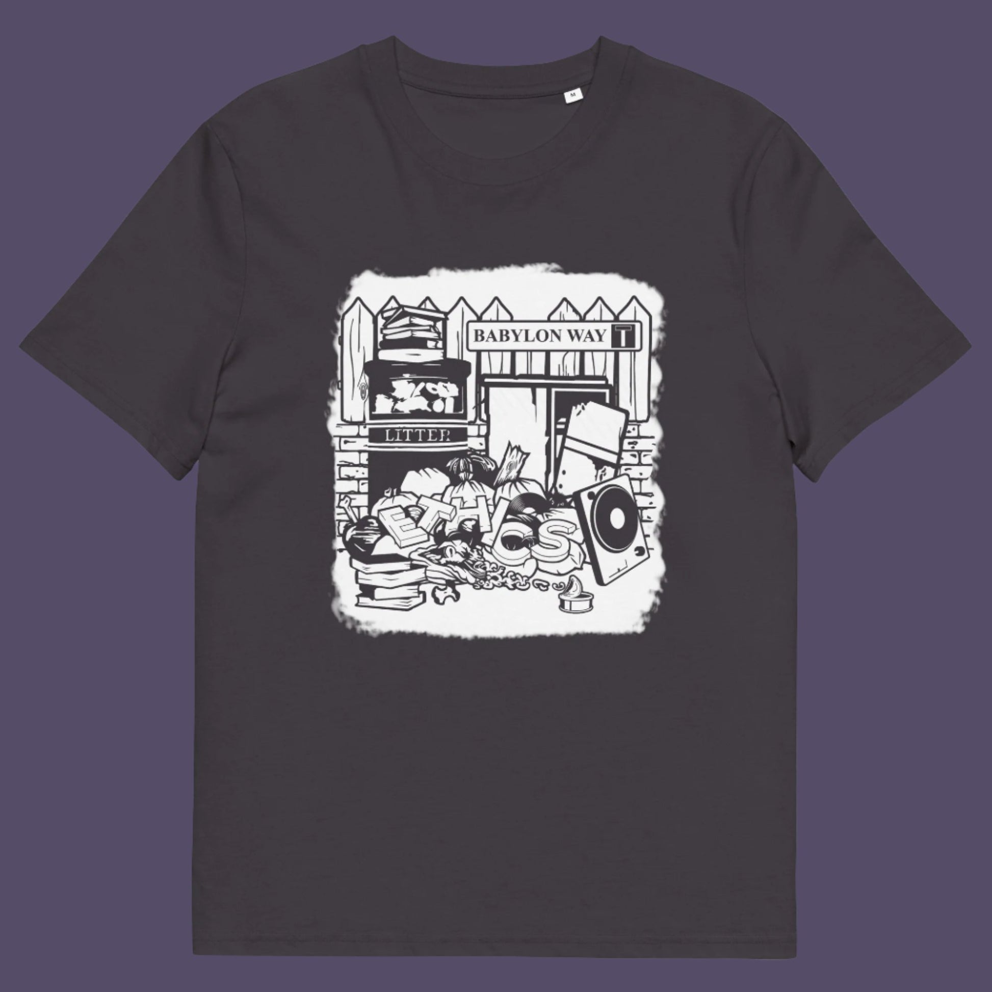 Anthracite t-shirt. A stencil graffiti t shirt depicting the end of integrity. There doesn't seem to be a place for ethics anymore in this mercenary world of money worship. It's amazing what people throw out these days. This unique street Art design depicts a sign of the times. Made from 100% organic ring-spun cotton, this social awareness t shirt is unisex, high-quality, super comfy, and best of all, eco-friendly.