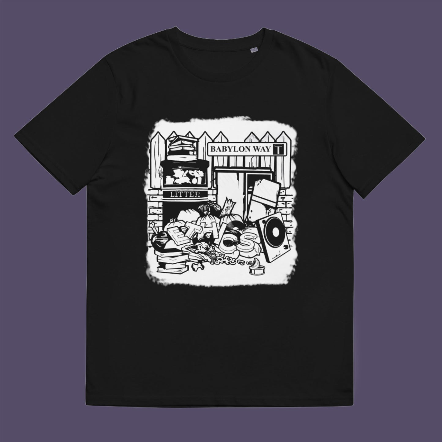 Black t-shirt. A stencil graffiti t shirt depicting the end of integrity. There doesn't seem to be a place for ethics anymore in this mercenary world of money worship. It's amazing what people throw out these days. This unique street Art design depicts a sign of the times. Made from 100% organic ring-spun cotton, this social awareness t shirt is unisex, high-quality, super comfy, and best of all, eco-friendly.