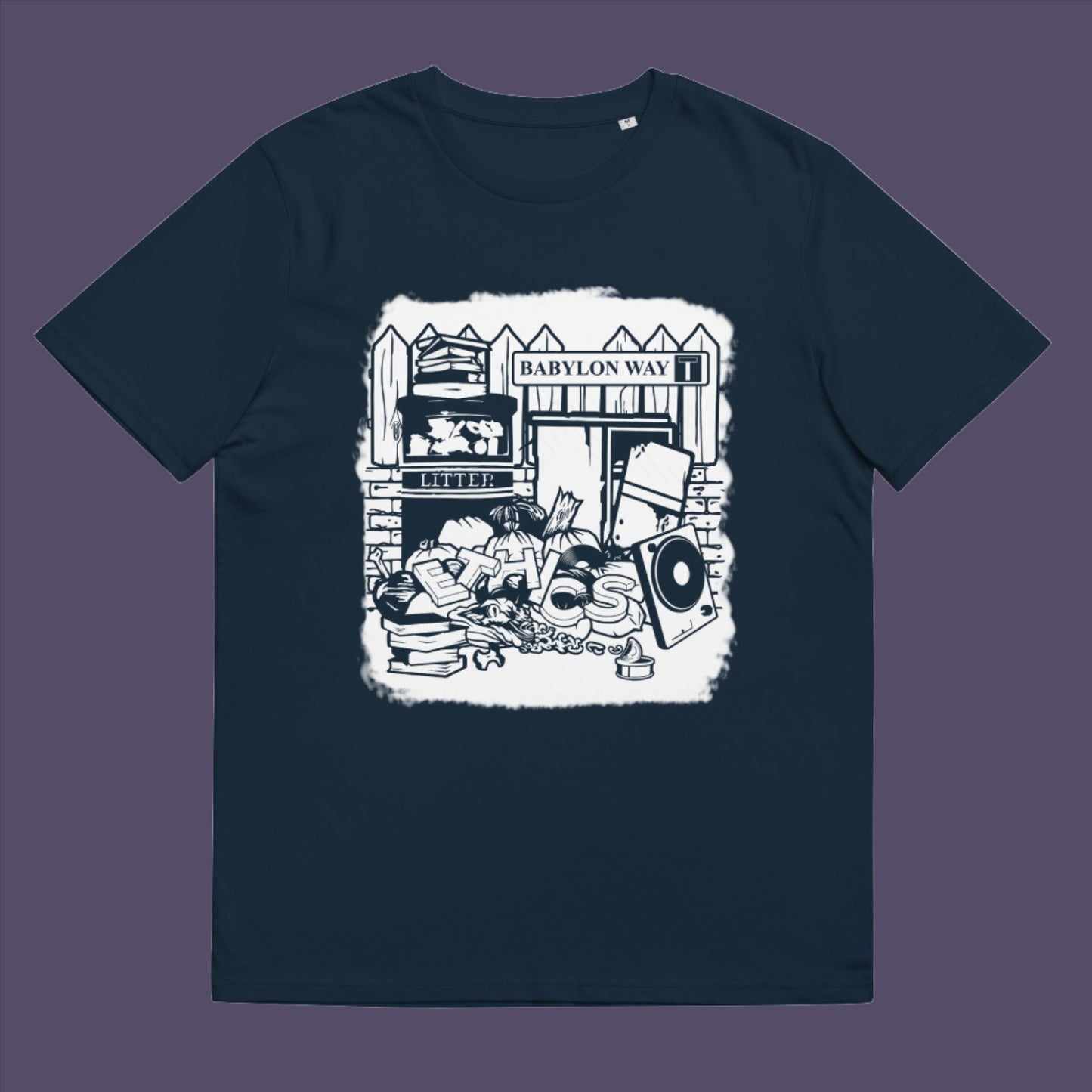 French navy t-shirt. A stencil graffiti t shirt depicting the end of integrity. There doesn't seem to be a place for ethics anymore in this mercenary world of money worship. It's amazing what people throw out these days. This unique street Art design depicts a sign of the times. Made from 100% organic ring-spun cotton, this social awareness t shirt is unisex, high-quality, super comfy, and best of all, eco-friendly.