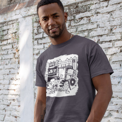 Man wearing an anthracite t-shirt with a graphic design standing against a brick wall. A stencil graffiti t shirt depicting the end of integrity. There doesn't seem to be a place for ethics anymore in this mercenary world of money worship. It's amazing what people throw out these days. This unique street Art design depicts a sign of the times. Made from 100% organic ring-spun cotton, this social awareness t shirt is unisex, high-quality, super comfy, and best of all, eco-friendly.