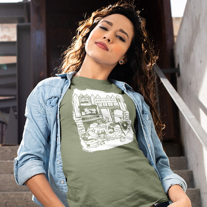 Woman wearing a khaki t-shirt with a graphic design, sitting on steps outdoors. A stencil art t-shirt depicting the end of integrity. There doesn't seem to be a place for ethics anymore in this mercenary world of money worship. It's amazing what people throw out these days. This unique street Art design depicts a sign of the times. Made from 100% organic ring-spun cotton, this social awareness t-shirt is unisex, high-quality, super comfy, and best of all, eco-friendly.