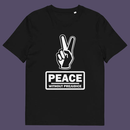 Black t-shirt. This anti-prejudice t-shirt highlights how equality is a key component of peace on Earth. For us to live in harmony we need to improve our emotional intelligence and acceptance of differences, especially when it comes to racial issues .Made from 100% organic ring-spun cotton, this anti racism, pro equality t-shirt is unisex, high-quality, super comfy, and best of all, eco-friendly.