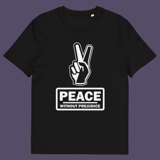 Black t-shirt. This anti-prejudice t-shirt highlights how equality is a key component of peace on Earth. For us to live in harmony we need to improve our emotional intelligence and acceptance of differences, especially when it comes to racial issues .Made from 100% organic ring-spun cotton, this anti racism, pro equality t-shirt is unisex, high-quality, super comfy, and best of all, eco-friendly.