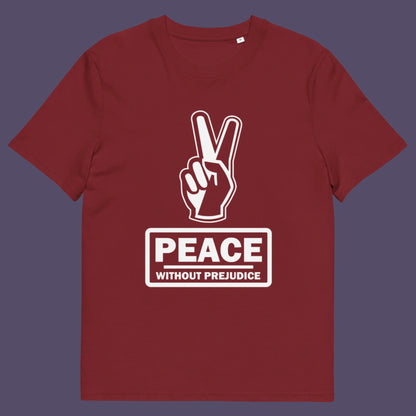 Burgundy t-shirt. This anti-prejudice t-shirt highlights how equality is a key component of peace on Earth. For us to live in harmony we need to improve our emotional intelligence and acceptance of differences, especially when it comes to racial issues .Made from 100% organic ring-spun cotton, this anti racism, pro equality t-shirt is unisex, high-quality, super comfy, and best of all, eco-friendly.
